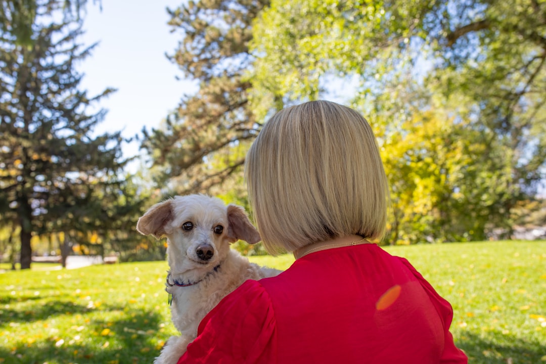 letter renewal — a woman in a red shirt holding a white dog