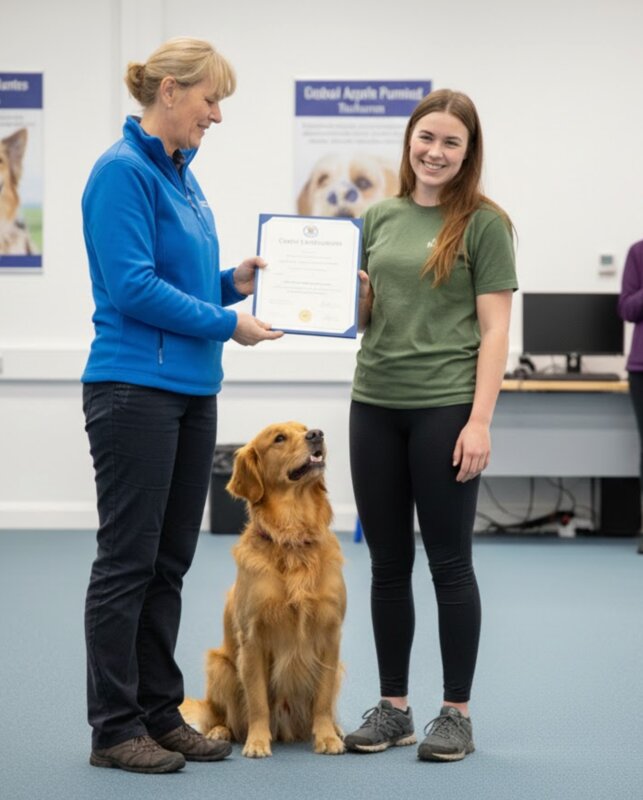 Handler receiving service dog certification with their trained dog