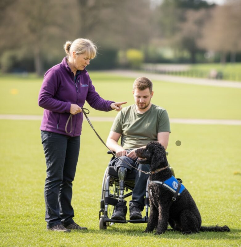 Service dog trainer providing support to wheelchair user with their service dog